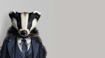 a badger wearing a suit with a tie on a plain white background on the left side of the image and...