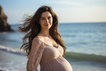 Fototapeta na wymiar Beautiful pregnant woman enjoying her pregnancy anticipating child born Generative AI image