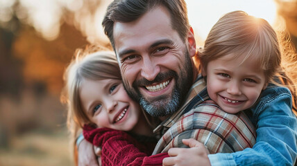 Obraz premium A happy smiling father hugs small laughing children