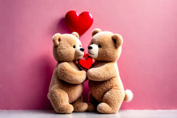 A teddy bear holds a red heart in his hands on a background of flowers as a gift for Valentine's Day, mother's Day, wedding, birthday.