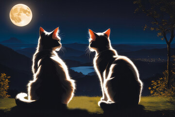 Two cats against the background of a full orange moon at twilight. Kittens in love on Valentine's day. Scary cats for Halloween.