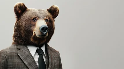 Foto op Aluminium a bear wearing a suit with a tie on a plain white background on the left side of the image and the right side blank for text © SardarMuhammad