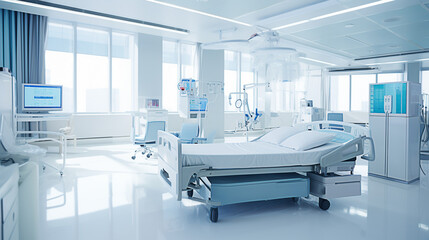 An empty, modern hospital room with medical equipment, a bed, and bright lighting, showcasing cleanliness and advanced healthcare facilities - obrazy, fototapety, plakaty