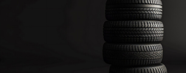 Fototapeta na wymiar car tires against dark background banner design, discount tire store