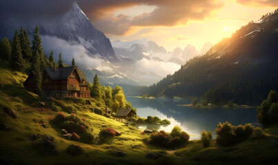 Alpine A secluded house near a tranquil lake, surrounded by lush mountain, bathed in the golden light of sunset