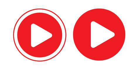Red YouTube play button, set YouTube video and music icon. A triangle within a circle is a media player symbol.Video and audio multimedia reproduction. Isolated vector illustration on white background - obrazy, fototapety, plakaty