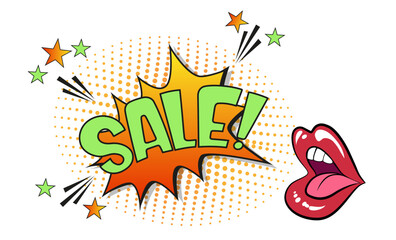 Comic lettering sale. Vector bright cartoon illustration in retro pop art style. Comic text sound effects. EPS 10.