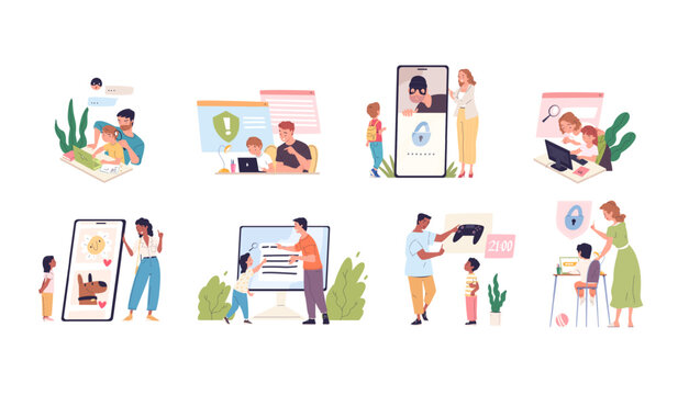 Parental control. Parent protect children video game social media content, safety internet software restricted access kids computer