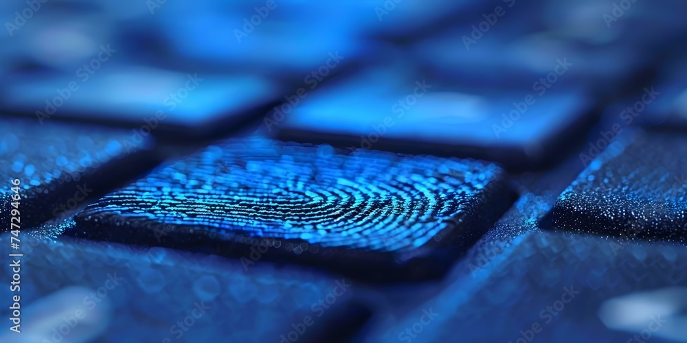Poster illustrates cybersecurity concerns with a visible fingerprint on a computer keyboard. concept cybers