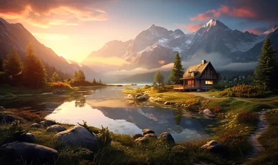 Foto op Plexiglas Alpine A secluded house near a tranquil lake, surrounded by lush mountains, bathed in golden light of sunset © SOLO PLAYER