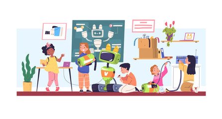 Children assemble robots. Kids create robot, child engineering school project mechanic robotic lab development, student teamwork making science invention classy vector illustration