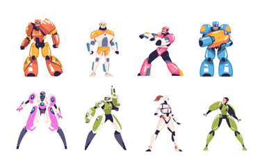 Robot costumes. Robots super hero costume with helmet mask for man and woman, alien cyborg superhero futuristic robotic military game soldier character, classy vector illustration © ssstocker