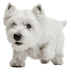 Funny, cute doggy. Fluffy white beautiful, playful West Highland Terrier hunting against transparent background. Concept of love care, pet lovers, veterinary, companionship. Copy space.