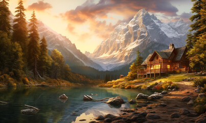 Alpine A secluded house near a tranquil lake, surrounded by lush mountains, bathed in the golden light of sunset - obrazy, fototapety, plakaty