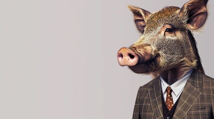 a boar wearing a suit with a tie on a plain white background on the left side of the image and the right side blank for text, - obrazy, fototapety, plakaty