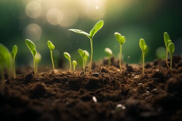 The image captures the hopeful moment of new life as seedlings sprout from the earth, nurtured by the sun's warm rays