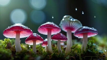 Magical View of  Mushrooms in forest with dew