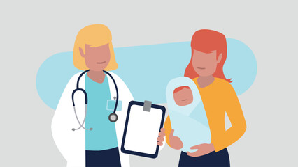 Vektor-Illustration einer Ärztin mit einer jungen Mutter und ihrem Neugeborenen