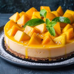 mango cheesecake decorated with mango chunks and mint leaves on a cake stand, isolated on grey dusty background, mango, cheese, cake, summer dessert, spring, 