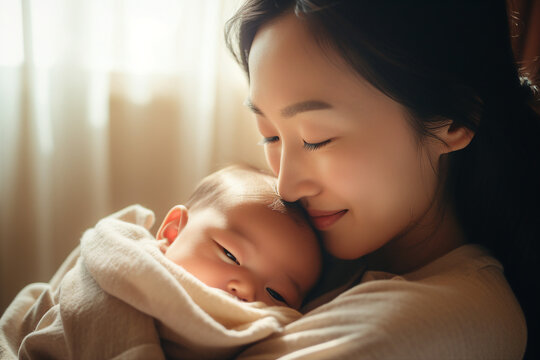 AI generated photo of happy loving mum caring of her sleeping newborn baby at home indoors