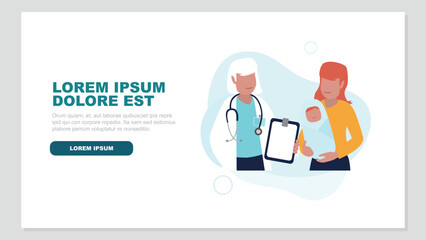 Vektor-Illustration einer Ärztin mit einer jungen Mutter und ihrem Neugeborenen