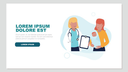 Vektor-Illustration einer Ärztin mit einer jungen Mutter und ihrem Neugeborenen