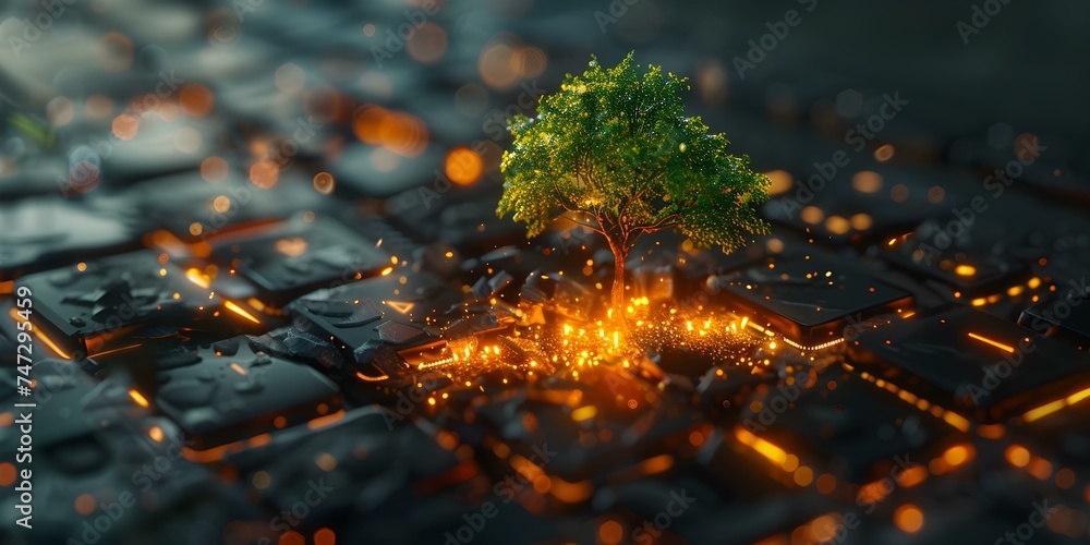 Poster illuminated tree on computer keyboard: blending nature and technology in a professional photo with c