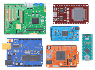 Microcontrollers. PCB electrical boards, semiconductor microchip technology computers machine, circuit module electronics arduino concept hardware pi chip, neat vector illustration