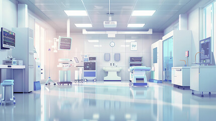 An empty, modern hospital room with medical equipment, a bed, and bright lighting, showcasing cleanliness and advanced healthcare facilities - obrazy, fototapety, plakaty