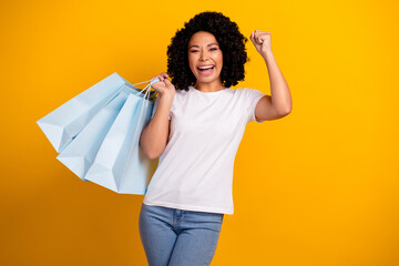 Portrait of overjoyed ecstatic girl wear white t-shirt hold shopping bags celebrate black friday...