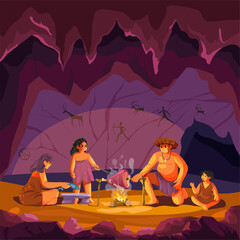 Ancient family in cave. Prehistoric couple at campfire fire inside stone hut with primitive painting wall neanderthal survival people paleolithic history recent vector illustration