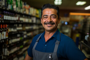 Smiling person working in supermarket grocery store department Generative Ai picture