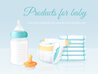 Realistic baby product background. Infant care products advertising banner, newborn 3d stuff toddler hygiene goods, stacked diapers milk bottle pacifier exact vector illustration