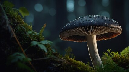Magical View of  Mushrooms in forest with dew