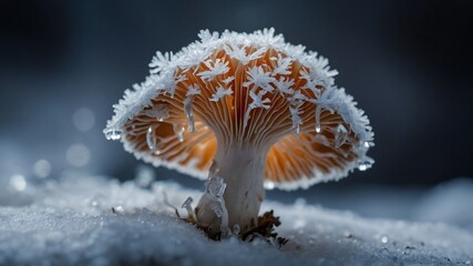 Magical View of Snowy Mushrooms in forest