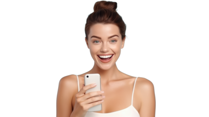 Delighted woman with smartphone, white tank top, turquoise background