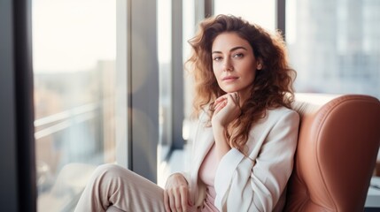 Fototapeta premium Elegant woman in business attire, window light, reflective mood