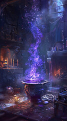 Witchs lair bubbling cauldron and arcane symbols the air thick with the scent of a sinister magic brew