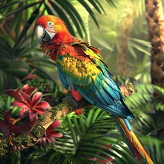 A realistic colorful Ara chloroptera perched on a tropical tree branch