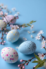 hoto with colored Easter eggs and spring flowers on blue background. Happy Easter concept banner. Top view design for spring  template, card, poster, ads.