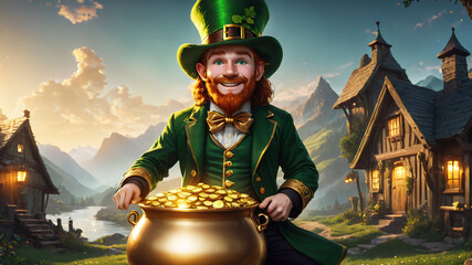 Illustration of a leprechaun with green suit and his pot of gold