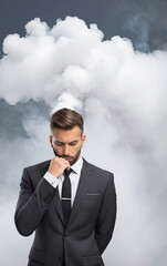 Overwhelmed man with black suit on gray background with cloud of smoke over a head