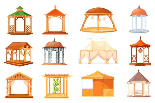 Gazebo. Cartoon pergola for summer house, outdoor stand alcove canopy beach pavilion or garden tent shelter, bower patio marque park wedding event arbor, neat vector illustration