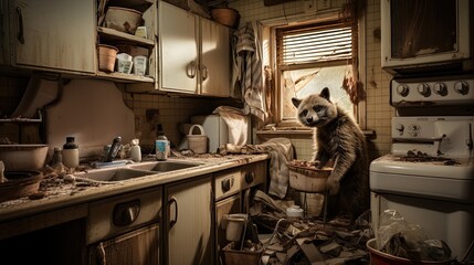 raccoon in the dirty kitchen. Generative AI