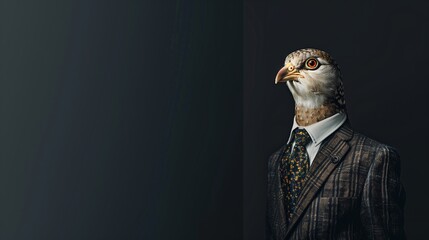 a cuckoo wearing a suit with a tie on a plain black background on the left side of the image and the right side blank for text,