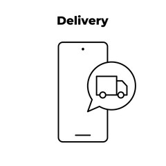 Delivery. Smartphone with van in speech bubble. Order vector outline icon. Online shop concept. Trendy flat isolated symbol. For: minimalistic, shipping, logo, app, emblem, design web, ui. EPS 10