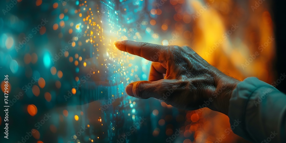 Poster interacting with a digital touch screen display: close-up of a person's hand. concept touch screen i