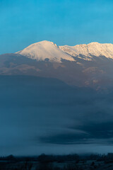 Castel di Ieri, Italy A landscape view over the Monte Sirente mountains and the Abruzzo National Park  at dawn