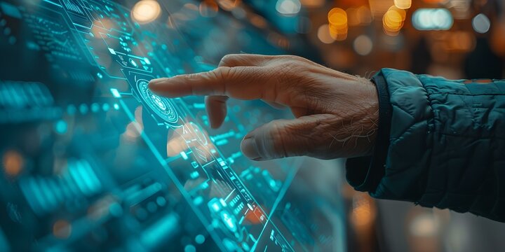 Interaction between human hand and digital touch screen display. Concept Digital technology, Touch screen display, Human hand interaction