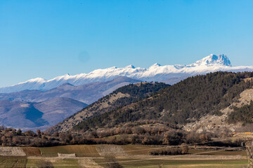 Castelvecchio Subequo, Italy A view of the town and  the Monte Sirente mountains and the Abruzzo...